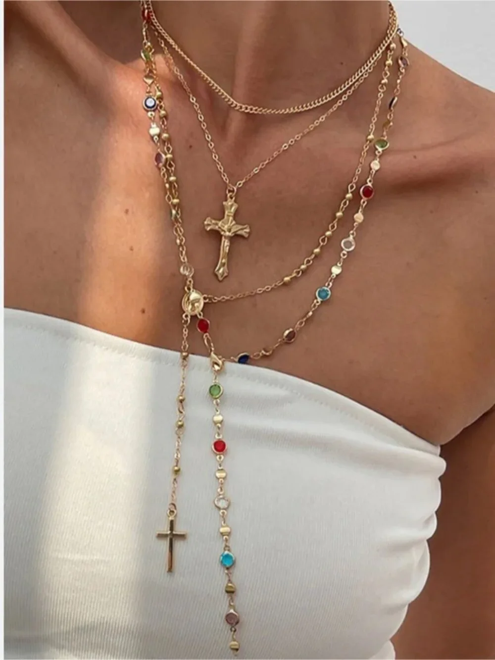 New! Gold Colorful Cross Rosary Necklace Stack (3040) NWOT